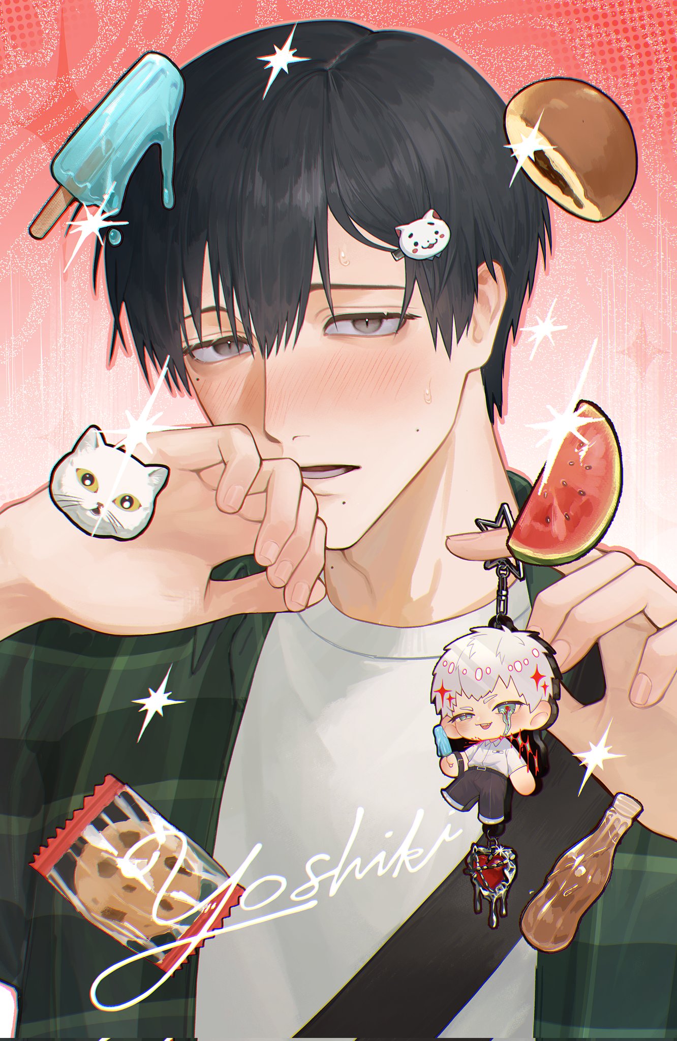 nthndn, indou hikaru, tsujinaka yoshiki, hikaru ga shinda natsu, papico (ice cream), corrupted twitter file, highres, black eyes, black hair, blush, character name, checkered clothes, collared shirt, food, fruit, green shirt, hair between eyes, ice cream bar, looking at viewer, mole, mole on cheek, mole under eye, mole under mouth, multiple moles, shirt, short hair, watermelon, white hair, white shirt