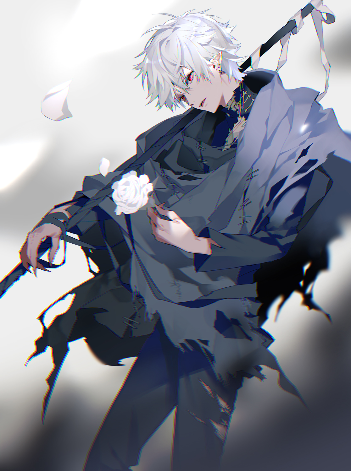 akke (akke299), kuzuha (nijisanji), nijisanji, highres, 1boy, bandages, black cloak, black pants, black shirt, blurry, blurry foreground, chromatic aberration, cloak, ear piercing, earrings, falling petals, fangs, fingernails, flower, hair between eyes, holding, holding flower, holding staff, holding weapon, jewelry, long fingernails, long sleeves, looking at viewer, male focus, open mouth, over shoulder, pants, parted lips, petals, piercing, pointy ears, red eyes, rose, sharp fingernails, shirt, short hair, smile, solo, staff, torn, torn cloak, torn clothes, torn pants, turtleneck, virtual youtuber, weapon, white flower, white hair, white rose