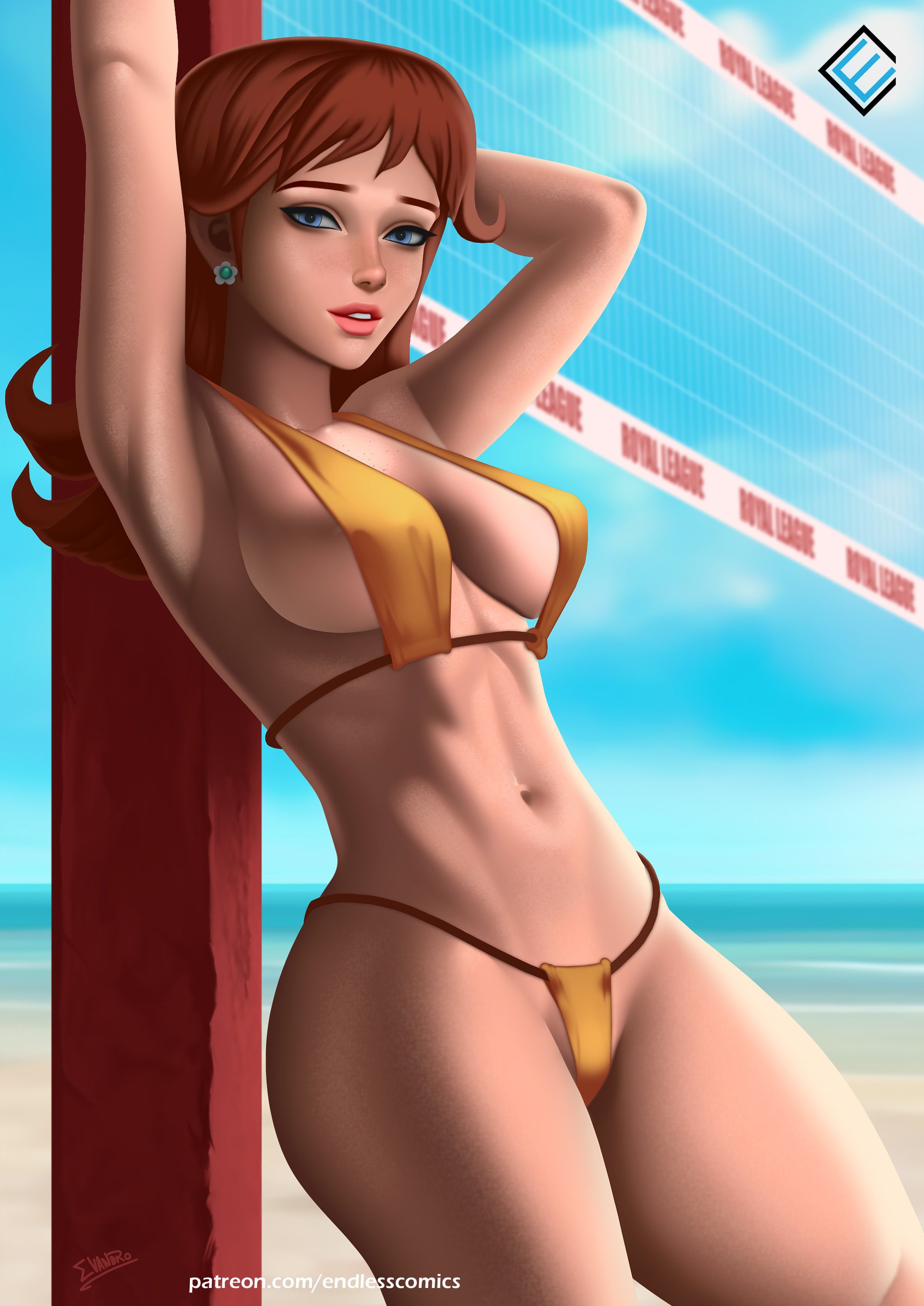 princess daisy, mario (series), nintendo, highres, 1girl, arm behind head, armpits, artist name, beach, bikini, blue eyes, breasts, brown hair, cleavage, large breasts, looking at viewer, navel, ocean, parted lips, pink lips, princess, seductive gaze, seductive smile, short hair, sideboob, smile, swimsuit, teeth, thick thighs, thighs, thong bikini, toned, water, yellow bikini