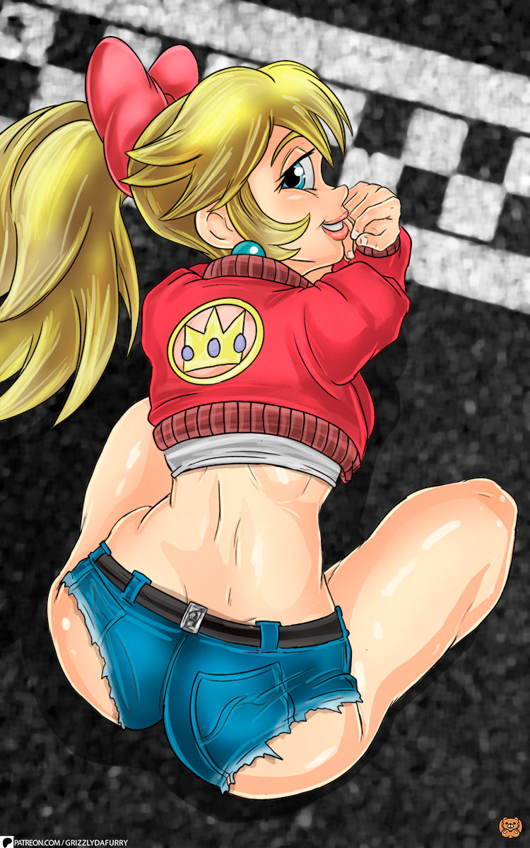 princess peach, mario (series), mario kart, mario kart world, nintendo, highres, 1girl, all fours, artist name, ass, blonde hair, blue eyes, denim, denim shorts, grizzlydafurry, hair ribbon, half-closed eyes, jacket, legs, long hair, looking at viewer, looking back, midriff, pink lips, ponytail, princess, ribbon, seductive smile, shorts, smile, solo, thighs, torn clothes, torn shorts