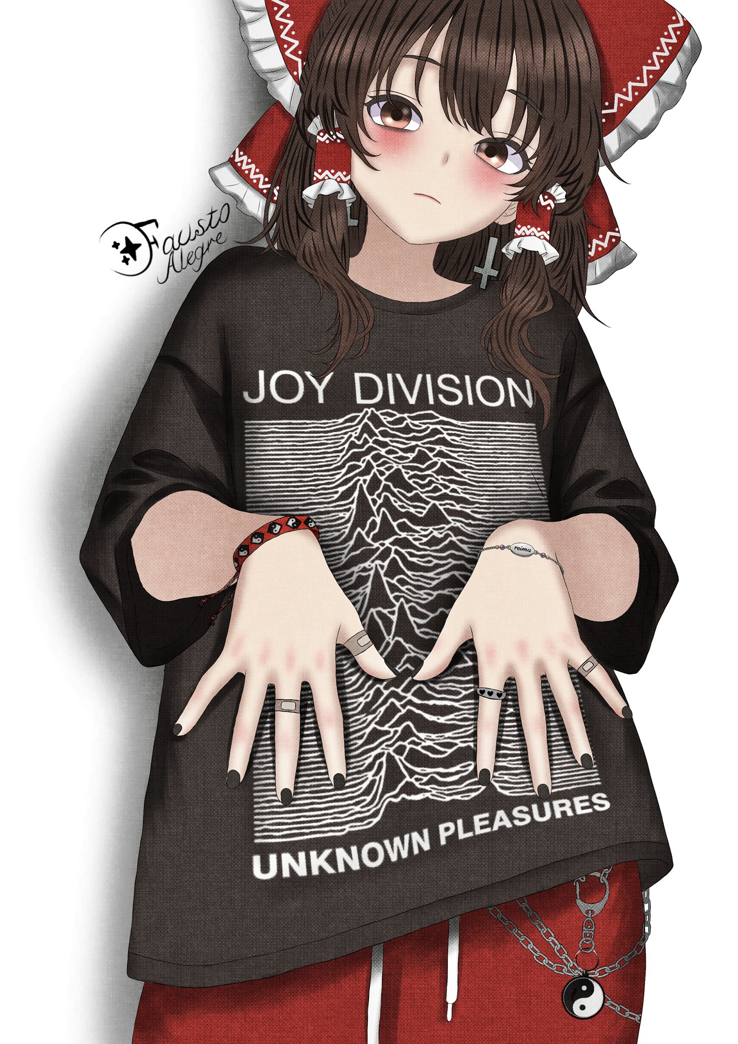 glitched satellite, hakurei reimu, touhou, highres, 1girl, band shirt, black hair, black nails, black shirt, blush, bow, bracelet, chain, charm (object), closed mouth, contemporary, cross, cross earrings, drawstring, earrings, frilled bow, frills, hair bow, hair tubes, inverted cross, inverted cross earrings, jewelry, joy division (band), looking at viewer, medium hair, merchandise, multiple rings, nail polish, pants, red bow, red eyes, red pants, ring, shirt, short sleeves, sidelocks, simple background, solo, unknown pleasures (album), white background, wide sleeves, yin yang