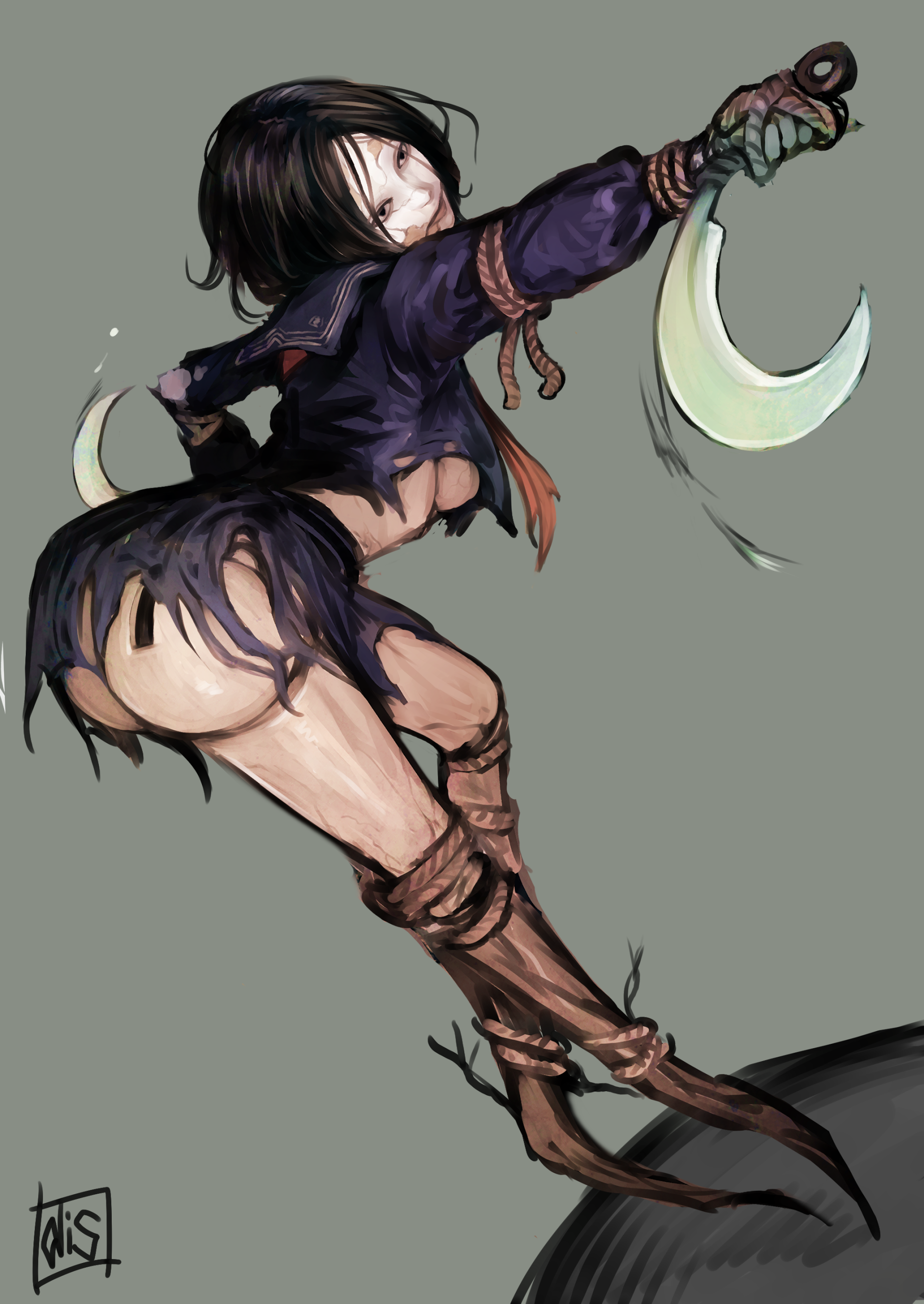 disorder!, ayakakashi, silent hill (series), silent hill f, absurdres, highres, 1girl, ass, black hair, black serafuku, breasts, grey background, holding, holding weapon, rope, school uniform, serafuku, signature, simple background, skirt, torn clothes, torn skirt, underboob, weapon