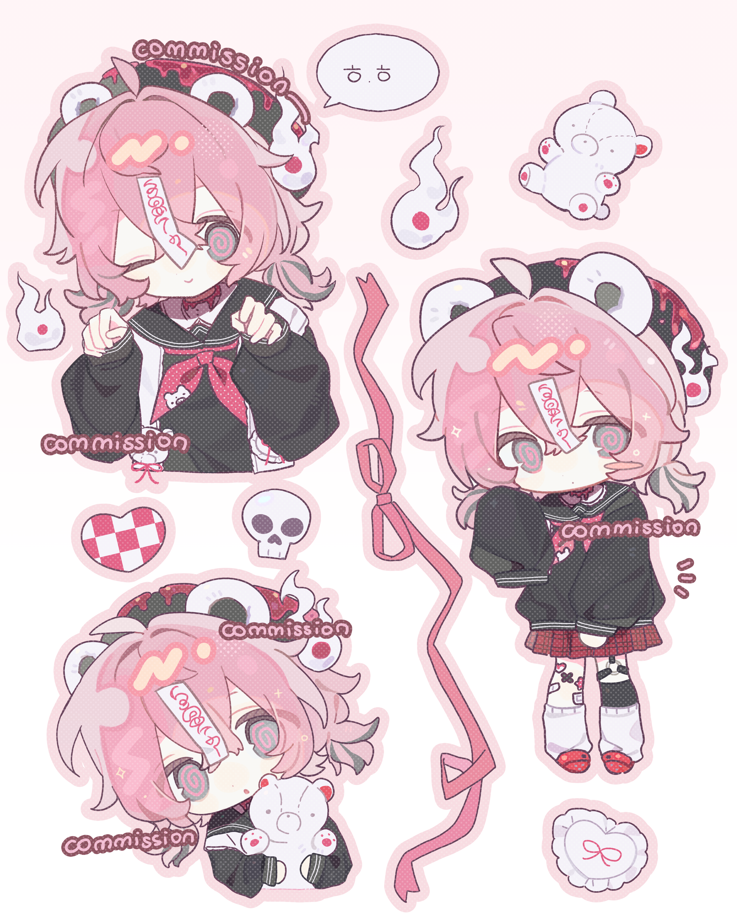 original, absurdres, commission, highres, animal ears, bear, bear ears, chibi, grey eyes, outstretched arms, pink eyes, pink hair, simple background, skeleton, zombie pose, zuozhima