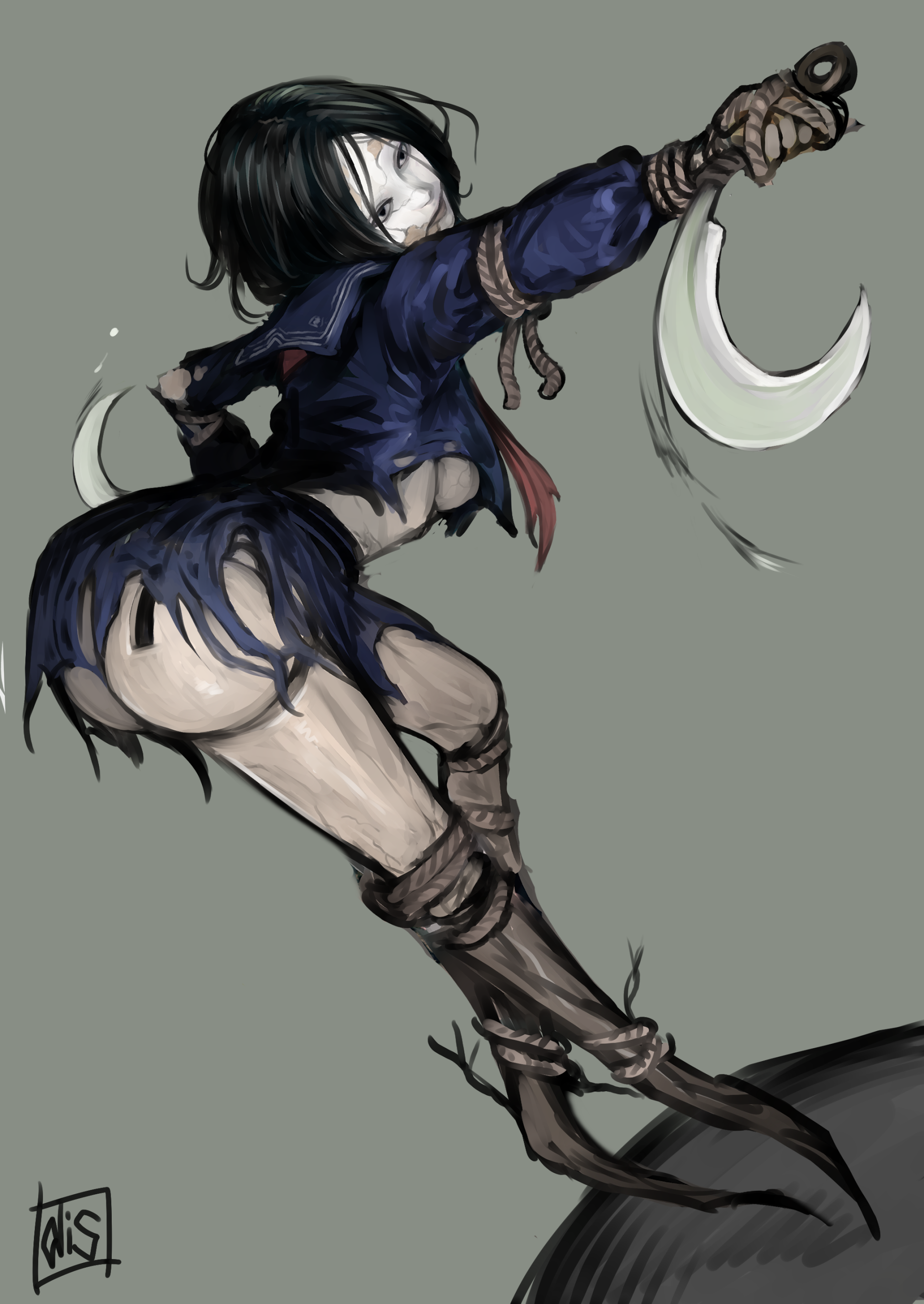 disorder!, ayakakashi, silent hill (series), silent hill f, absurdres, highres, 1girl, ass, black hair, black serafuku, breasts, grey background, holding, holding weapon, rope, school uniform, serafuku, signature, simple background, skirt, torn clothes, torn skirt, underboob, weapon