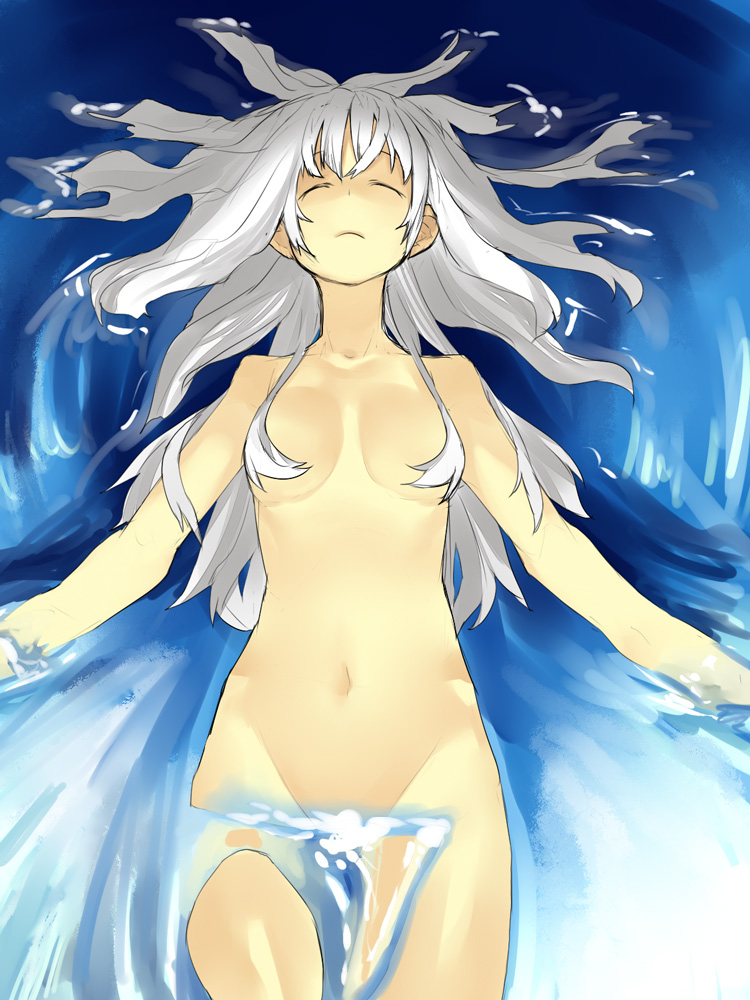 hama (22ji kara 24ji), original, bad id, bad pixiv id, 1girl, censored, closed eyes, convenient censoring, female focus, long hair, nude, solo, water, white hair