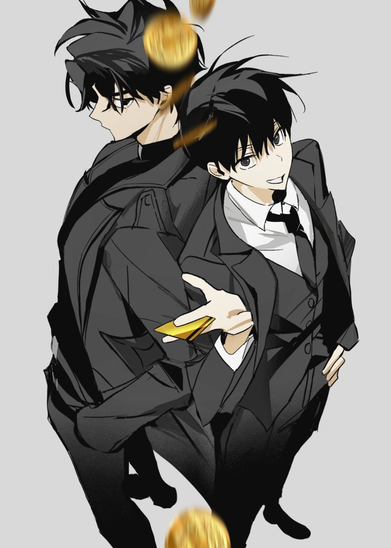 senbe81, kim dokja, yoo joonghyuk, omniscient reader's viewpoint, highres, 2boys, :d, black coat, black eyes, black hair, black necktie, black shirt, black vest, card, coat, coin, coin flip, collared shirt, credit card, from above, grin, hand on own hip, hands in pockets, holding, holding card, looking at viewer, male focus, motion blur, multiple boys, necktie, open mouth, shirt, short hair, smile, vest, white shirt