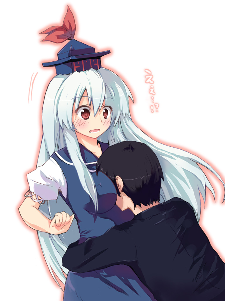 h@ll, kamishirasawa keine, touhou, non-web source, 1boy, 1girl, between breasts, black hair, blue hair, blush, breast smother, breasts, brown eyes, couple, covered erect nipples, dress, face to breasts, hat, hetero, hug, long hair, red eyes, surprised, white hair