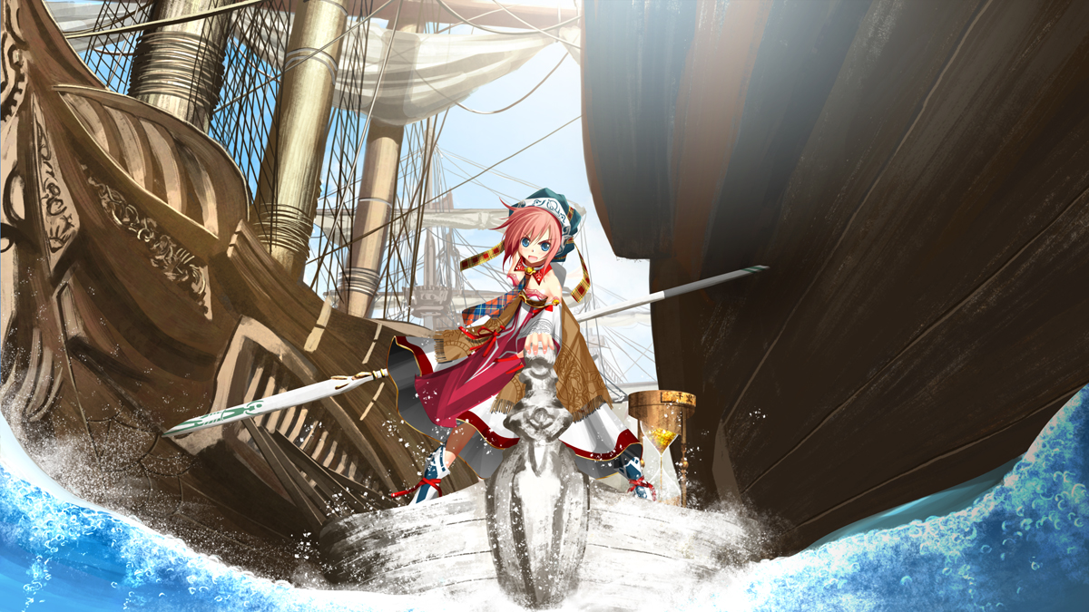 kouji (astral reverie), original, blue eyes, boat, fantasy, hat, polearm, red hair, ship, solo, spear, water, watercraft, weapon