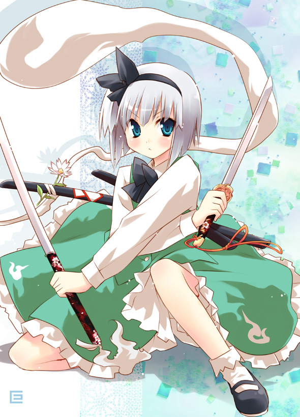 eretto, konpaku youmu, konpaku youmu (ghost), touhou, silver hair, 1girl, :<, blue eyes, blush, bob cut, bobby socks, dual wielding, female focus, fighting stance, frown, hairband, hitodama, holding, katana, mary janes, shoes, short hair, socks, solo, squatting, sword, tanto, weapon, x arms