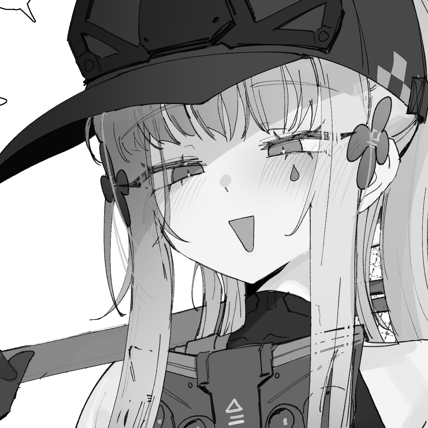 eonsang, hk416 (girls' frontline), klukai (girls' frontline 2), girls' frontline, girls' frontline 2: exilium, highres, 1girl, :d, blush, facepaint, hair ornament, hairclip, half-closed eyes, hat, long hair, open mouth, ponytail, smile, smug, solo, teardrop, upper body, very long hair