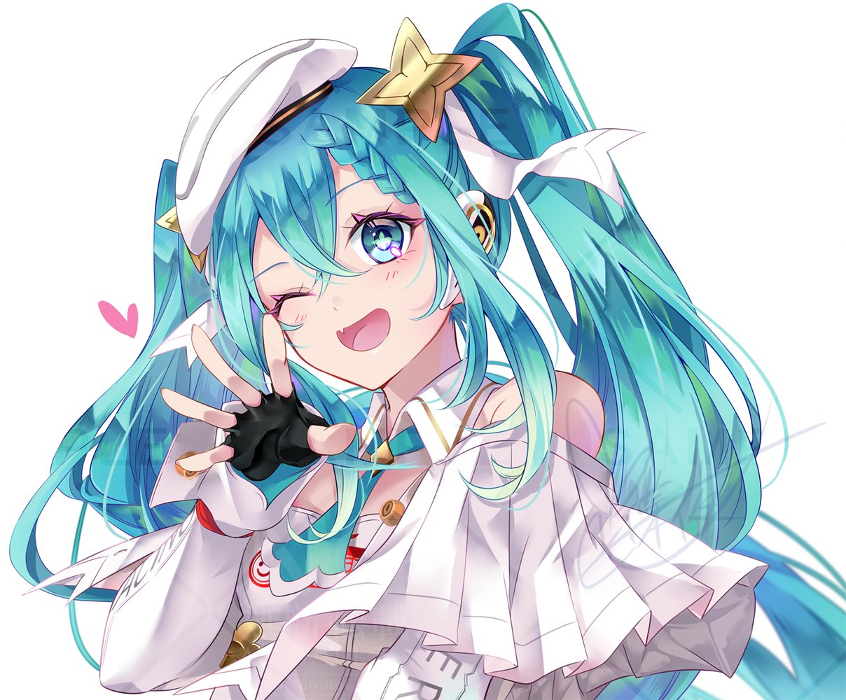 tyouya, hatsune miku, racing miku, racing miku (2023), goodsmile company, goodsmile racing, vocaloid, 1girl, aqua eyes, aqua hair, black gloves, blush, braid, collared shirt, fingerless gloves, gloves, hair between eyes, hair ornament, hat, long hair, long sleeves, looking at viewer, official alternate costume, official alternate hairstyle, one eye closed, open mouth, shirt, simple background, smile, twintails, upper body, very long hair, white background, white hat