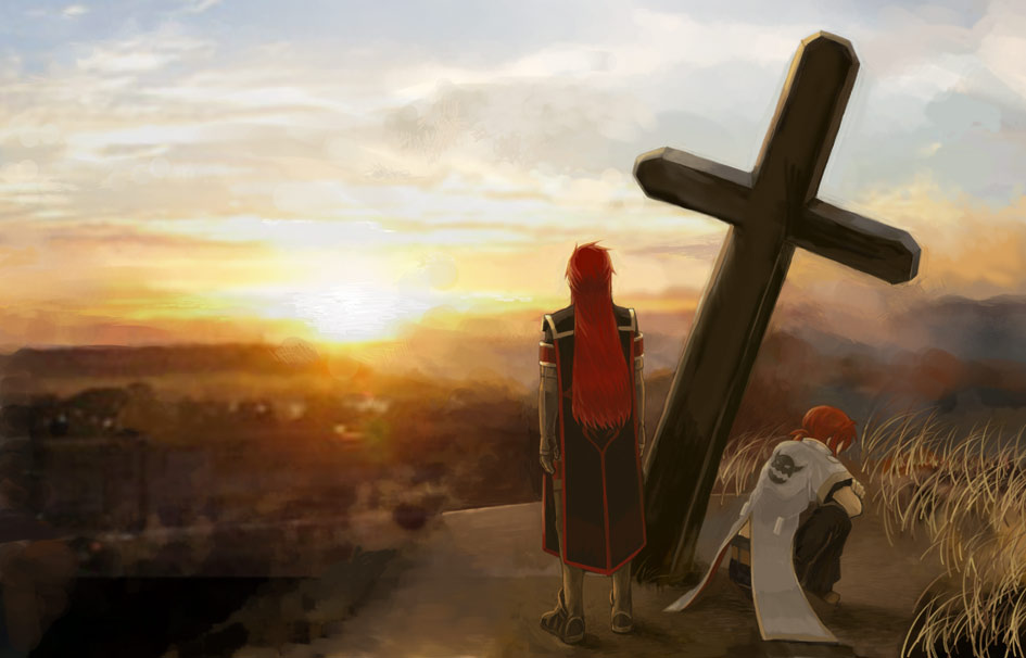 asch (tales), luke fon fabre, tales of (series), tales of the abyss, 00s, 2boys, cross, gloves, landscape, long hair, male focus, multiple boys, nature, outdoors, plant, red hair, scenery, sky, sunset, surcoat