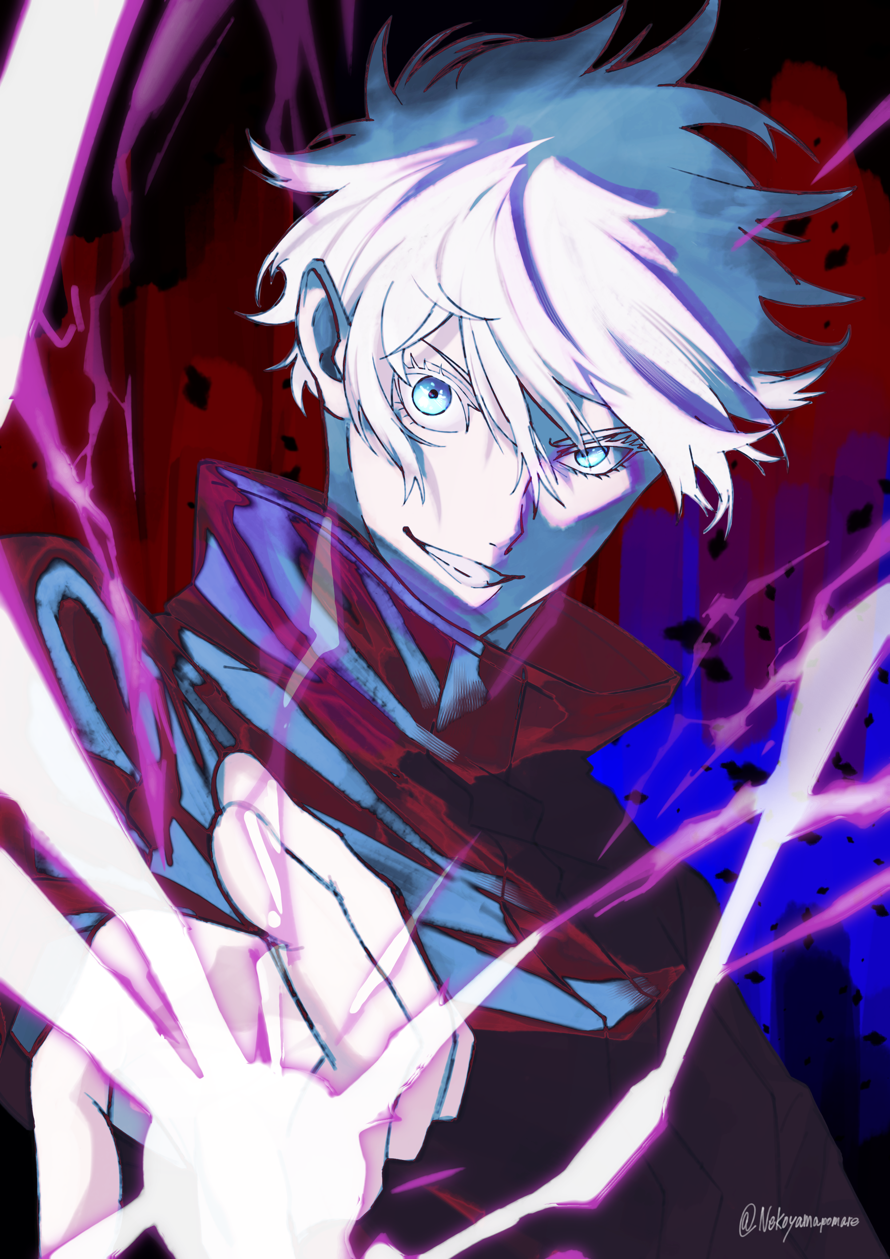 hareruya (smomo2227), gojou satoru, jujutsu kaisen, absurdres, commentary request, highres, 1boy, blue eyes, colored eyelashes, energy ball, short hair, smile, solo, twitter username, white eyelashes, white hair