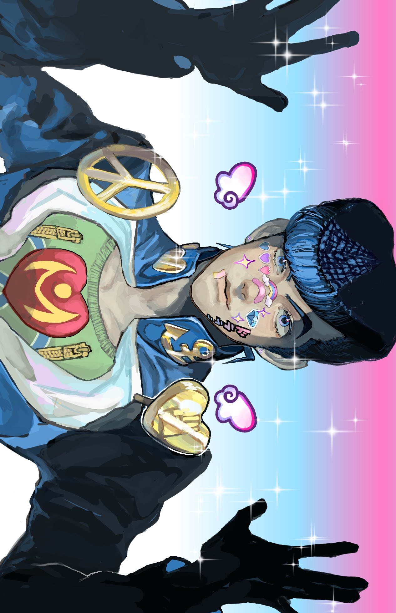 higashikata josuke, diamond wa kudakenai, jojo no kimyou na bouken, commentary, highres, 1boy, anchor ornament, blue coat, blue eyes, blue hair, brooch, coat, gakuran, goodsmile414, green shirt, heart, heart brooch, heart ornament, high collar, jacket, jewelry, jojo pose, long sleeves, looking at viewer, male focus, peace symbol, pompadour, school uniform, shirt, sideways, solo, sparkle, sticker, sticker on face, upper body, zipper