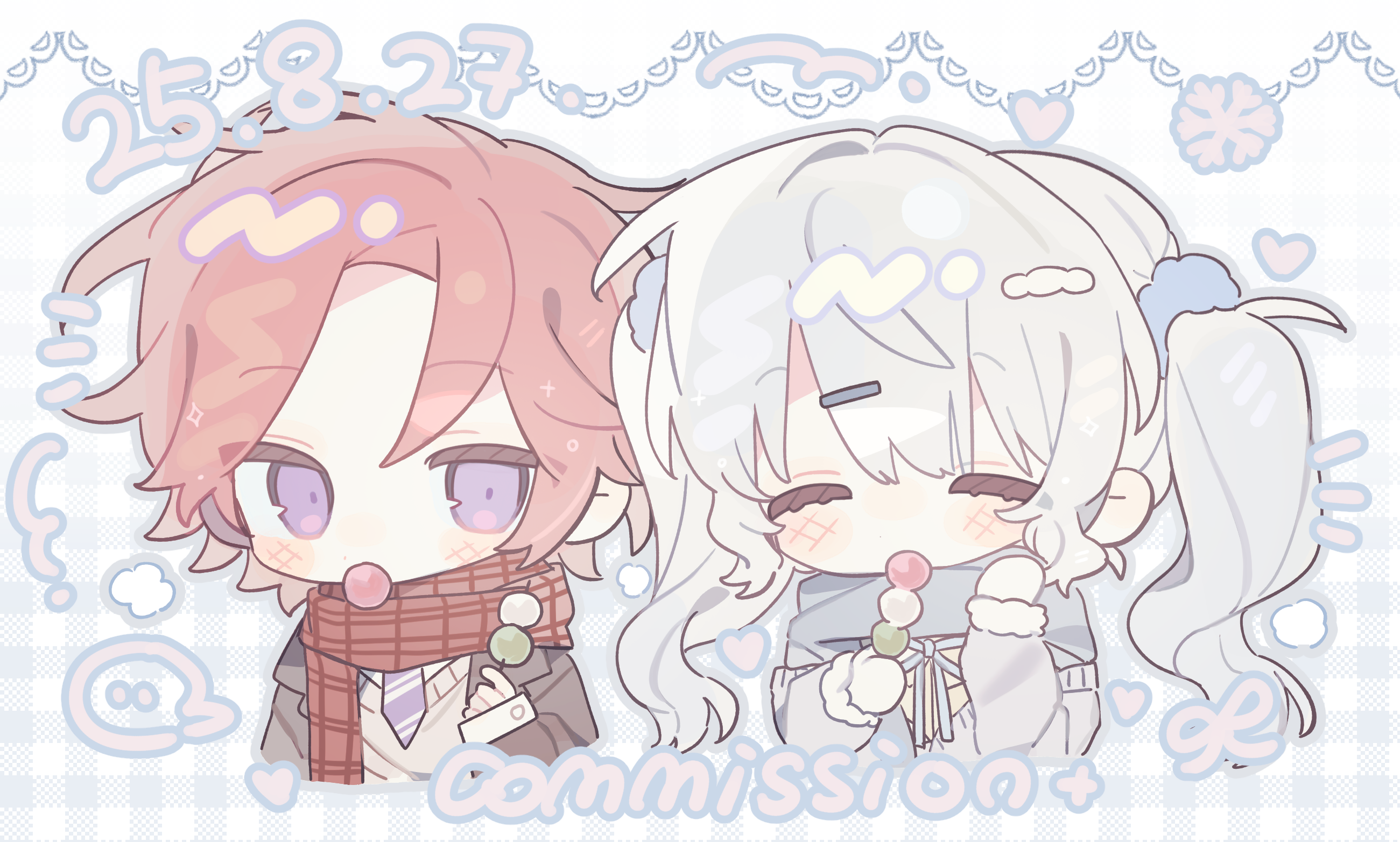 original, highres, 1boy, 1girl, chibi, chibi only, closed eyes, couple, orange hair, purple eyes, smile, twintails, white hair, zuozhima