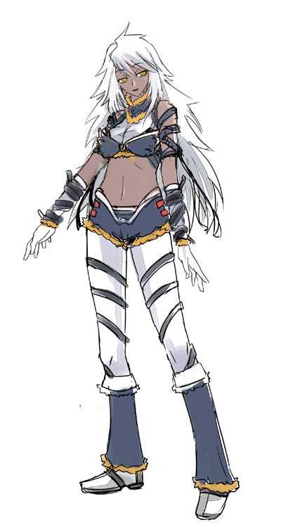 michael f91, kagura shion, wrestle angels, wrestle angels survivor 2, 1girl, dark-skinned female, dark skin, female focus, gloves, long hair, midriff, navel, solo, standing, white hair, yellow eyes