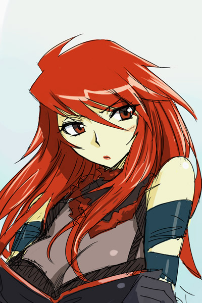 michael f91, kagura shion, wrestle angels, wrestle angels survivor 2, crossed arms, gloves, lipstick, long hair, makeup, red eyes, red hair, see-through clothes, solo