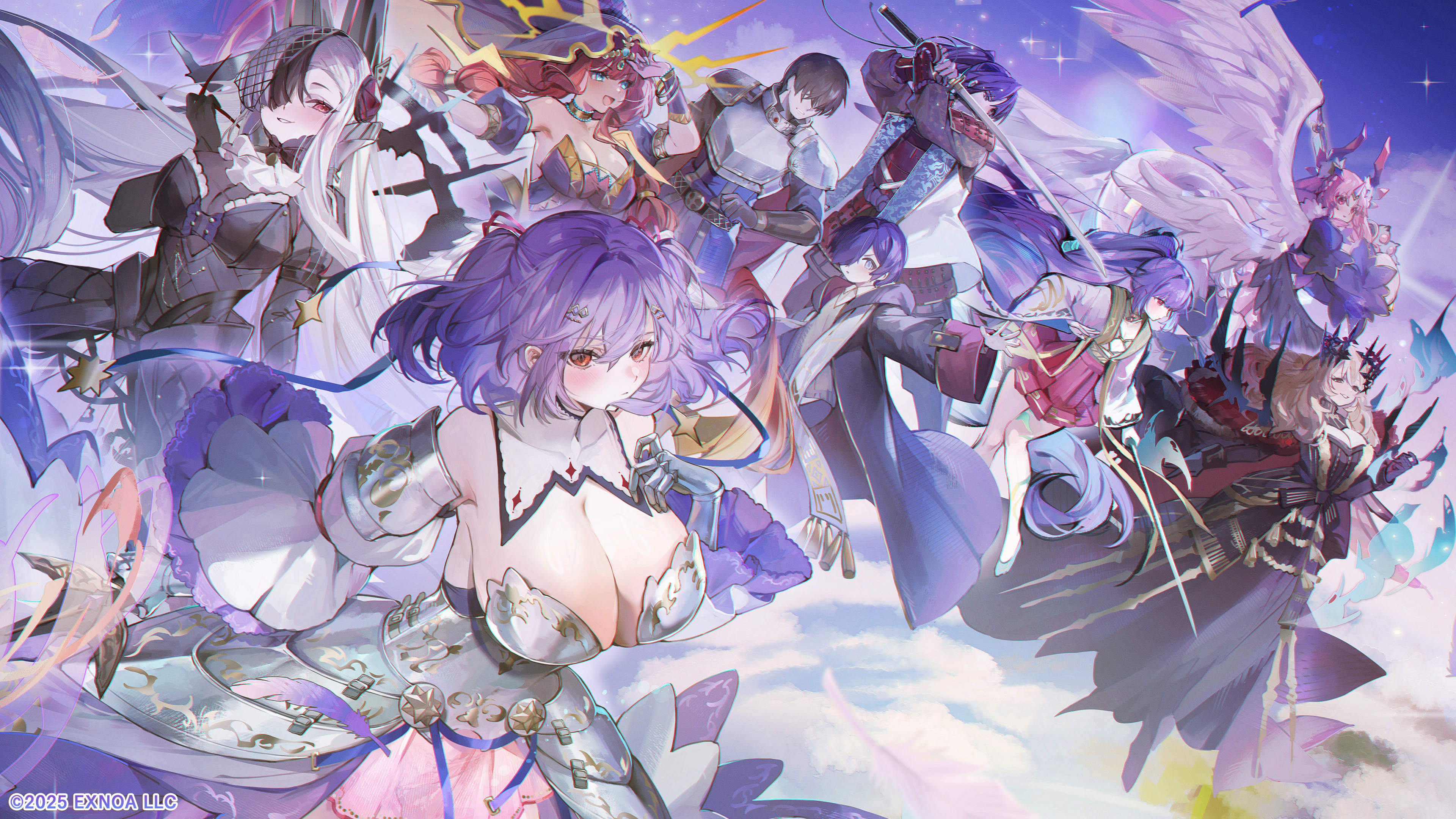 dmm, master (monmusu td), monster musume td, oshiro project:re, sennen sensou aigis, absurdres, highres, official art, official wallpaper, 3boys, 6+girls, black dress, blonde hair, blue eyes, breasts, brown hair, dress, fighting stance, hair over eyes, hair over one eye, holding, holding sword, holding weapon, katana, large breasts, medium breasts, multiple boys, multiple girls, pink hair, purple hair, red eyes, red hair, serious, sky, smile, star (sky), starry sky, sword, weapon, white hair, white wings, wings