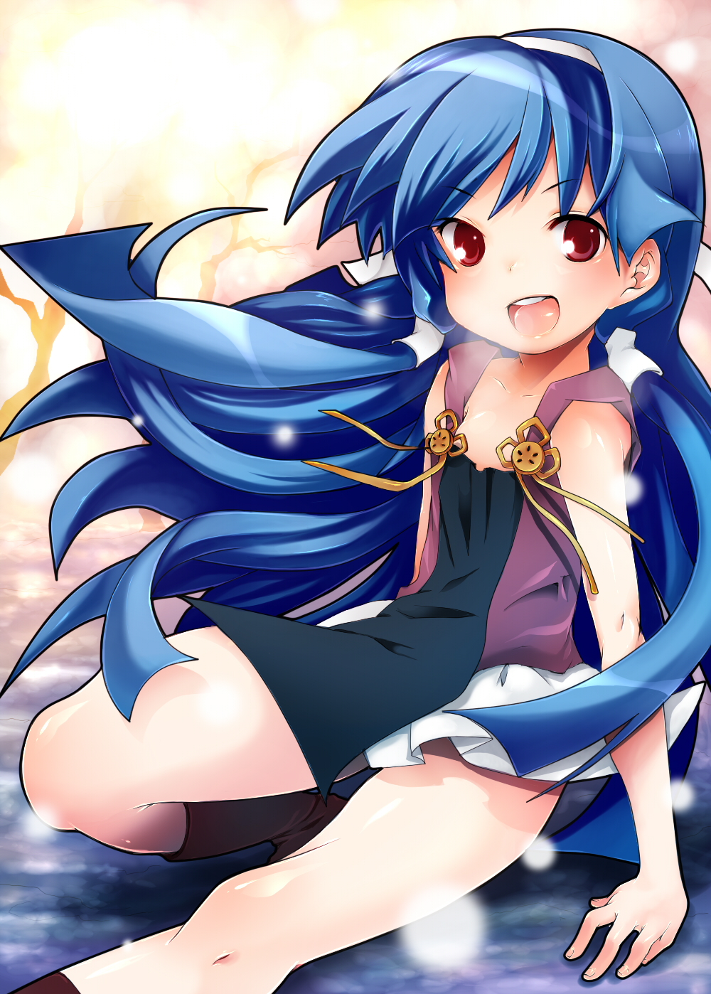 mosho, nagi, kannagi, highres, 00s, 1girl, blue hair, blunt bangs, female focus, flat chest, hair tubes, legs, long hair, pleated skirt, red eyes, skirt, solo, white skirt