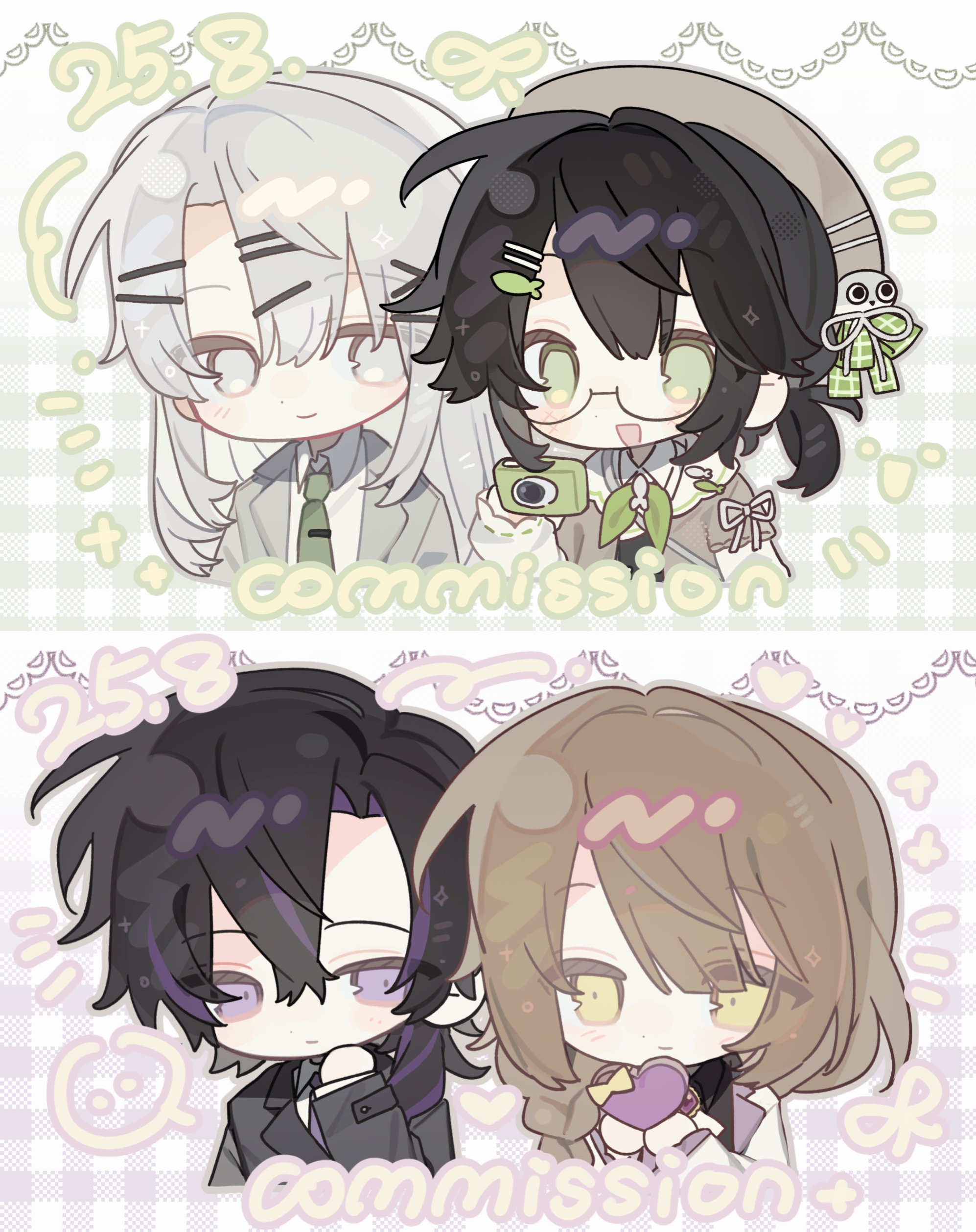 original, absurdres, highres, 2boys, 2girls, black hair, brown hair, couple, green eyes, hair ornament, hat, multiple boys, multiple girls, purple eyes, white eyes, white hair, yellow eyes, zuozhima