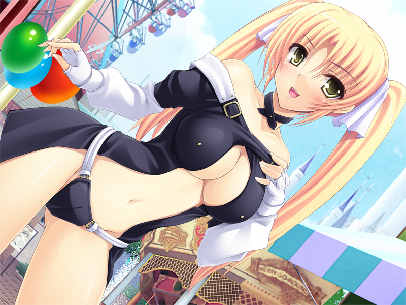 mizuhara yuu, dizzy (guilty gear), takamisawa chitose, arc system works, guilty gear, temptation, temptation naked 2, game cg, 1girl, :d, balloon, bare shoulders, blonde hair, blush, breasts, cameltoe, castle, center opening, choker, cleavage, cosplay, day, dizzy (guilty gear) (cosplay), dutch angle, female focus, ferris wheel, fingerless gloves, fingernails, gloves, green eyes, hair ribbon, large breasts, long fingernails, long hair, midriff, navel, no bra, off shoulder, open mouth, outdoors, panties, ribbon, sky, smile, solo, standing, twintails, underwear