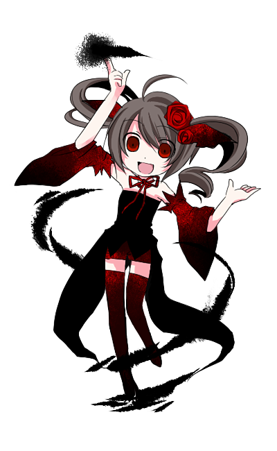 kano (pixiv271651), bad id, bad pixiv id, black hair, detached sleeves, flower, red eyes, rose, solo, thighhighs