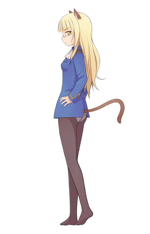 nnyu, perrine h. clostermann, strike witches, world witches series, bad id, bad pixiv id, 00s, 1girl, animal ears, ass, back, blonde hair, feet, female focus, glasses, long hair, panties, panties under pantyhose, pantyhose, simple background, solo, tail, underwear, yellow eyes
