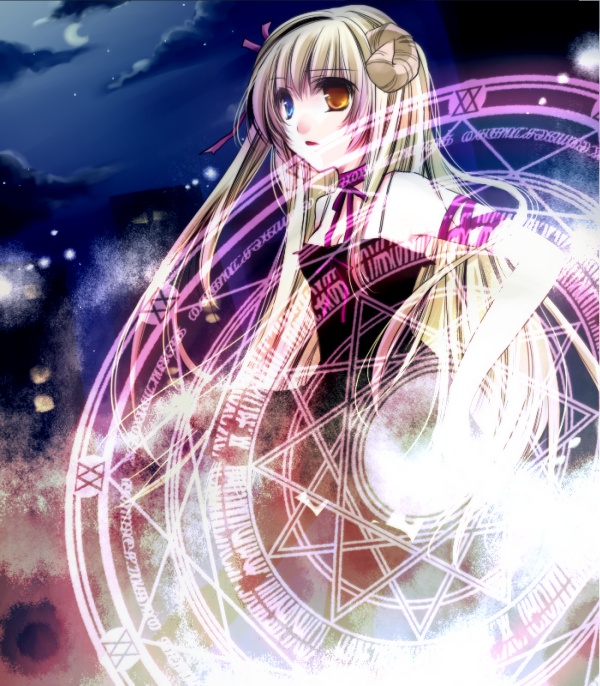 kano (pixiv271651), bad id, bad pixiv id, blonde hair, cloud, heterochromia, horns, magic circle, moon, night, ribbon, solo