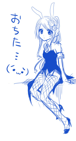kano (pixiv271651), bad id, bad pixiv id, 1girl, animal ears, blue theme, fake animal ears, female focus, fishnet thighhighs, fishnets, high heels, monochrome, necktie, playboy bunny, rabbit ears, shoes, solo, thighhighs