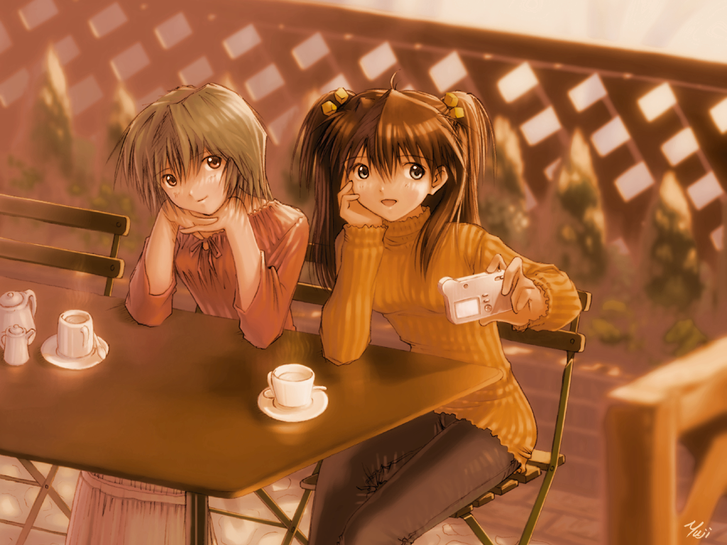 kobayashi yuji, ayanami rei, souryuu asuka langley, neon genesis evangelion, 2girls, blue eyes, blue hair, camera, cup, multiple girls, orange shirt, red eyes, red hair, selfie, shirt, short hair, sweater, table, twintails