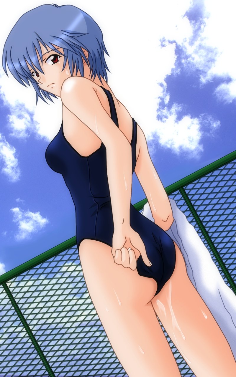 buzzer, count zero, ayanami rei, neon genesis evangelion, highres, adjusting clothes, adjusting swimsuit, blue hair, chain-link fence, cloud, day, fence, one-piece swimsuit, red eyes, school swimsuit, short hair, sky, solo, swimsuit, towel, wet