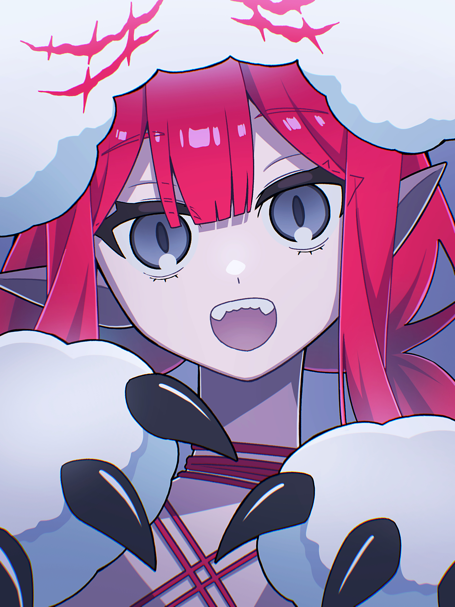 yotaaaaka, baobhan sith (fate), baobhan sith (swimsuit pretender) (first ascension) (fate), cernunnos (fate), fate/grand order, fate (series), highres, 1girl, claw pose, grey eyes, hood, hoodie, long hair, looking at viewer, open mouth, pointy ears, red hair, solo, upper body