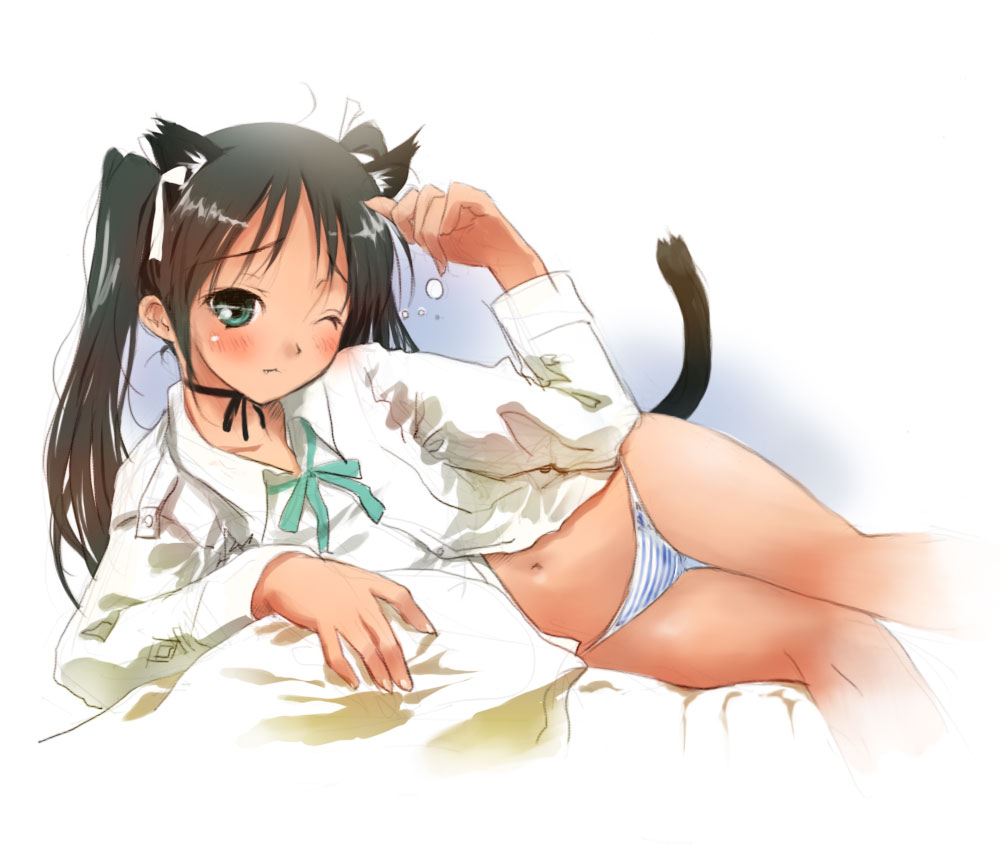 saeki touma, francesca lucchini, strike witches, world witches series, 00s, 1girl, animal ears, black hair, cat ears, cat tail, fang, female focus, green eyes, loli, long hair, lowleg, lowleg panties, lying, navel, one eye closed, panties, solo, striped clothes, striped panties, tail, twintails, underwear, wink