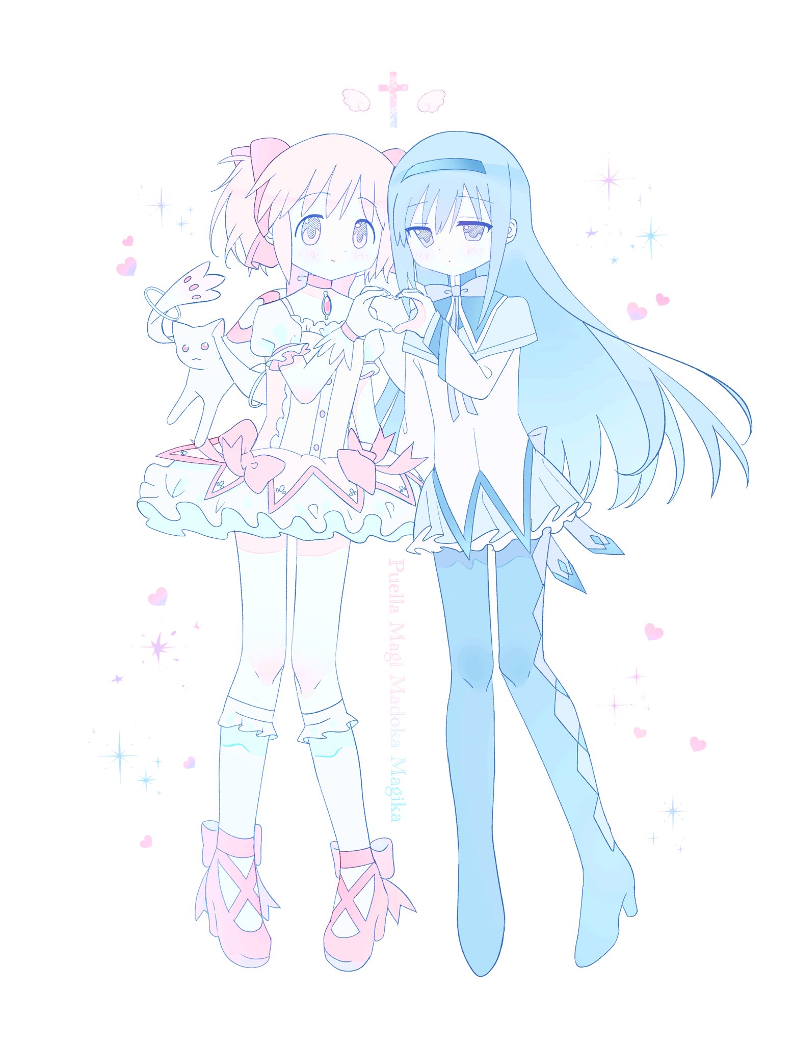 x x dame, akemi homura, kaname madoka, kyubey, mahou shoujo madoka magica, mahou shoujo madoka magica (anime), highres, 2girls, argyle clothes, argyle footwear, black boots, black hair, black hairband, blush, boots, bow, bow choker, bubble skirt, capelet, choker, copyright name, cross, expressionless, frilled skirt, frills, gloves, hair bow, hairband, heart, heart hands, heart hands duo, high heels, light smile, lolita fashion, long hair, medium hair, multiple girls, pink bow, pink eyes, pink hair, pink shoes, pleated skirt, puffy short sleeves, puffy sleeves, purple bow, purple eyes, shoes, short sleeves, short twintails, skirt, socks, soul gem, sparkle, twintails, white background, white gloves, white skirt, white socks, wings