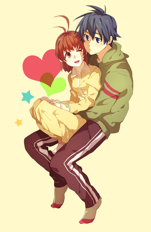 chiko (beroro), furukawa nagisa, okazaki tomoya, clannad, 00s, 1boy, 1girl, blue eyes, blue hair, brown eyes, brown hair, heart, hetero, hug, husband and wife, one eye closed, pajamas, short hair, wink