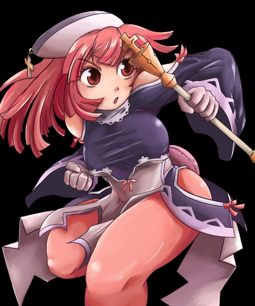 prier, la pucelle, nippon ichi, 1girl, breasts, cross, female focus, gloves, hat, huge breasts, pantyhose, pink hair, red eyes, red hair, solo