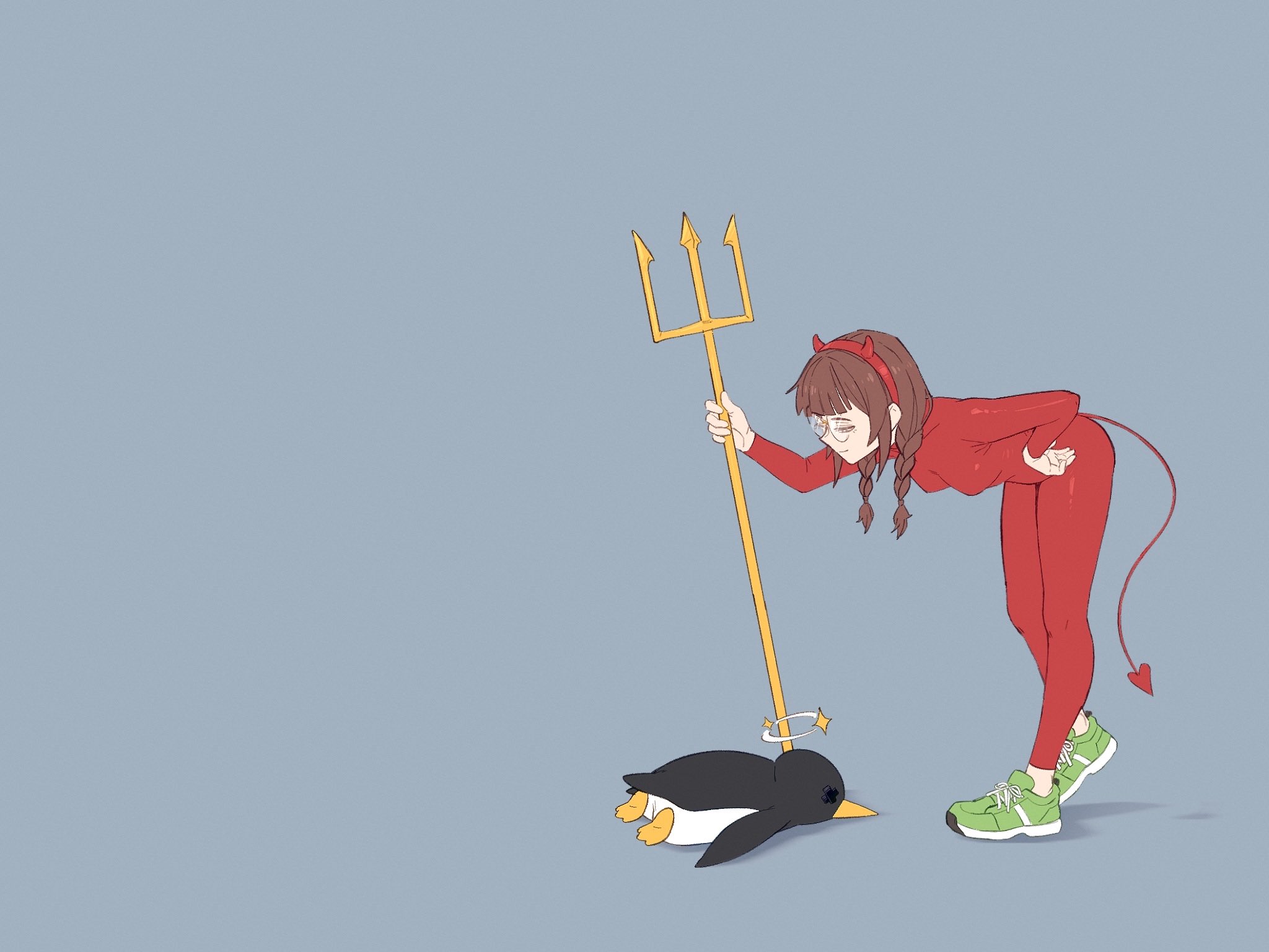 vibrantrida, rida (vibrantrida), tux, linux, commentary, english commentary, highres, 1boy, 1girl, bird, bodysuit, braid, confused, demon horns, demon tail, dizzy, glasses, green shoes, grey background, horns, looking down, penguin, poking, polearm, shoes, simple background, sneakers, tail, teasing, trident, twin braids, twintails, weapon