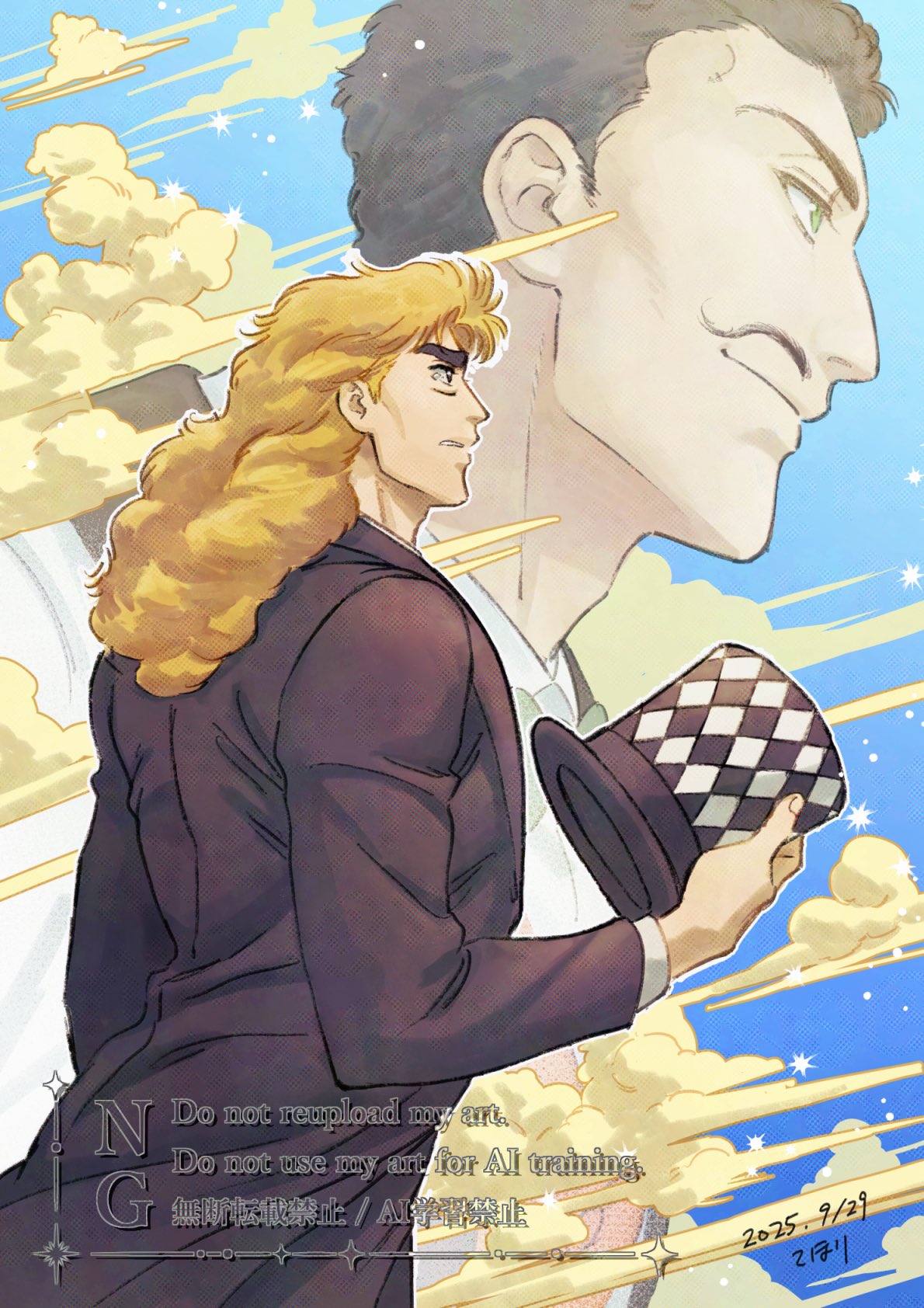 robert e. o. speedwagon, will anthonio zeppeli, jojo no kimyou na bouken, phantom blood, highres, 2boys, argyle clothes, argyle hat, black coat, black hair, blonde hair, cloud, coat, dated, facial hair, green eyes, hat, holding, holding unworn clothes, holding unworn hat, long hair, male focus, multiple boys, mustache, short hair, sky, smile, top hat, under under 01, unworn hat, unworn headwear