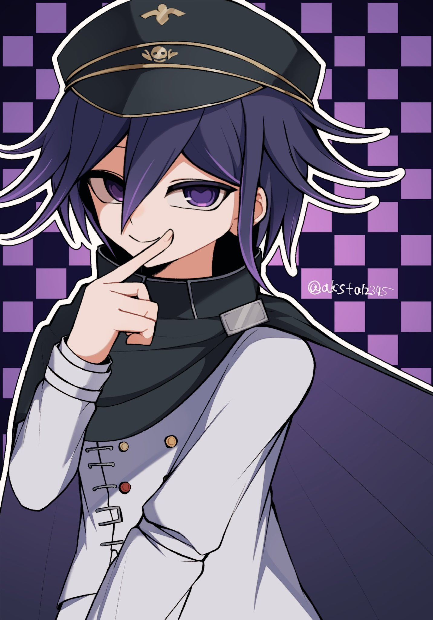 oma kokichi, danganronpa (series), danganronpa v3: killing harmony, highres, 1boy, arm belt, black cape, buttons, cape, checkered background, checkered clothes, checkered scarf, finger to mouth, flipped hair, hair between eyes, hat, index finger raised, long sleeves, looking at viewer, male focus, mi shengwu 3.2 hao, military hat, multicolored buttons, outline, peaked cap, purple eyes, purple hair, purple theme, ringed eyes, scarf, short hair, shushing, smile, smirk, solo, twitter username, two-tone scarf, upper body, white outline