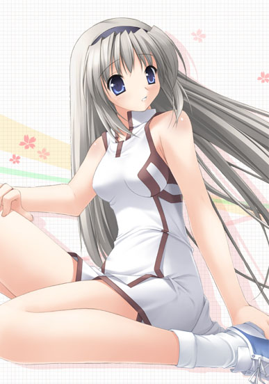 gennosuke (artist), sakagami tomoyo, clannad, silver hair, bad id, bad pixiv id, 00s, blue eyes, long hair, solo, sportswear, tennis uniform