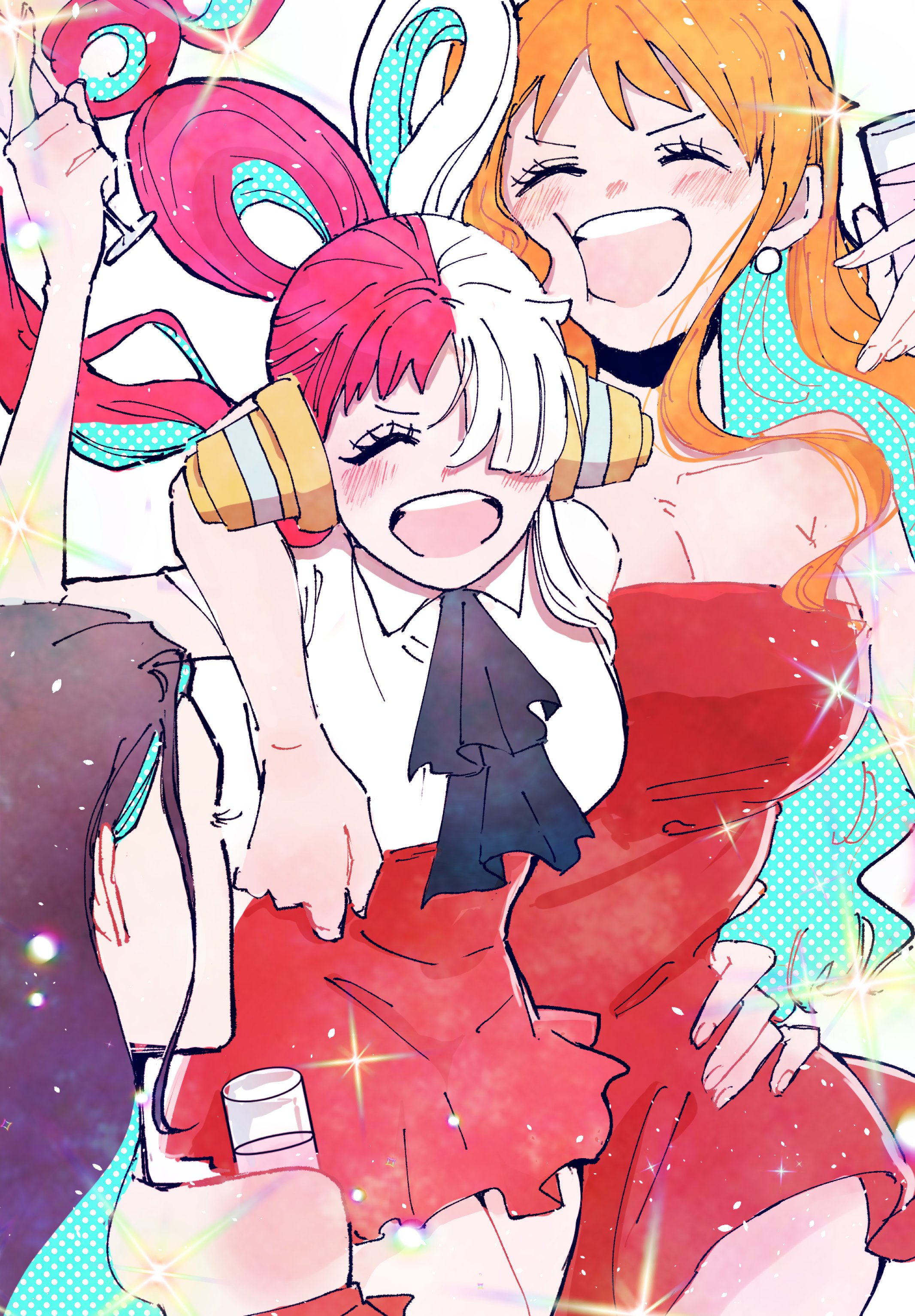 kouyou (hrk95712), nami (one piece), nico robin, uta (one piece), one piece, absurdres, commentary request, highres, 3girls, arm around neck, bare shoulders, birthday, black hair, blush, breasts, cleavage, closed eyes, cowboy shot, cup, dress, earrings, hand on another's hip, hand up, happy, holding, holding cup, jewelry, large breasts, long hair, multicolored hair, multiple girls, official alternate costume, orange hair, pearl earrings, red dress, red hair, red skirt, shirt, skirt, smile, sparkle, strapless, strapless dress, teeth, two-tone hair, upper teeth only, wavy hair, white hair, white shirt