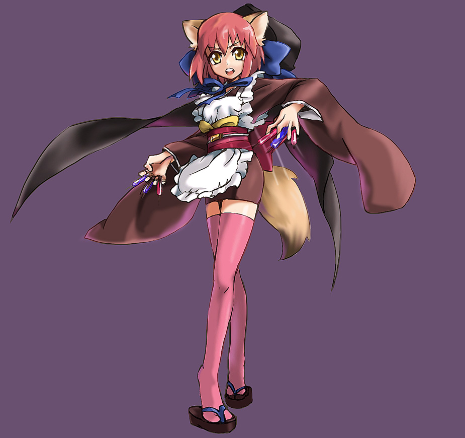 nana g, kohaku (tsukihime), tsukihime, type-moon, 00s, animal ears, cape, pink hair, sandals, solo, tail, thighhighs, yellow eyes