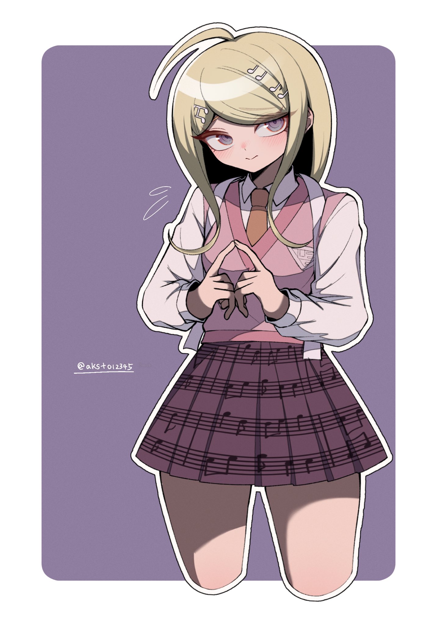 akamatsu kaede, danganronpa (series), danganronpa v3: killing harmony, commentary, highres, 1girl, ahoge, blonde hair, blush, border, collared shirt, crest, cropped legs, embarrassed, eyelashes, fortissimo, hair ornament, long hair, long sleeves, looking at viewer, looking to the side, mi shengwu 3.2 hao, musical note, musical note hair ornament, musical note print, necktie, orange necktie, outline, pink sweater vest, pink vest, pleated skirt, purple background, purple eyes, shirt, skirt, smile, solo, sweater vest, thighs, twitter username, vest, white bag, white border, white outline, white shirt