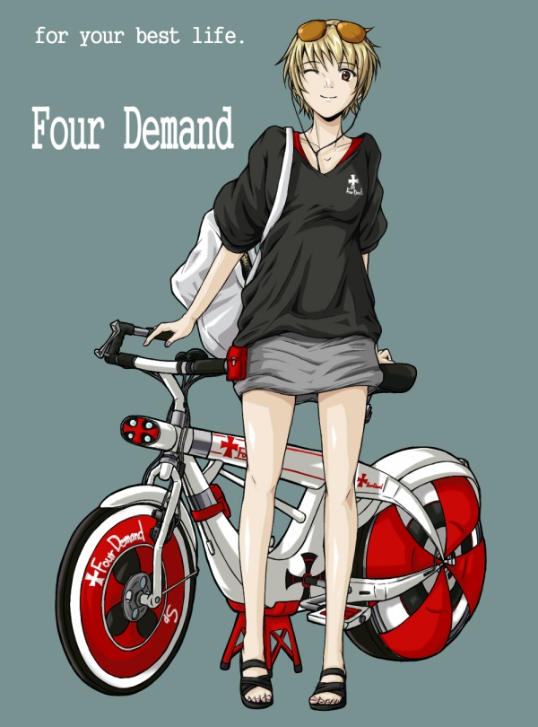azu (warehouse86), bad id, bad pixiv id, 1girl, bag, bicycle, blonde hair, earbuds, earphones, english text, engrish text, eyewear on head, female focus, one eye closed, ranguage, sandals, short hair, skirt, solo, sunglasses, wink