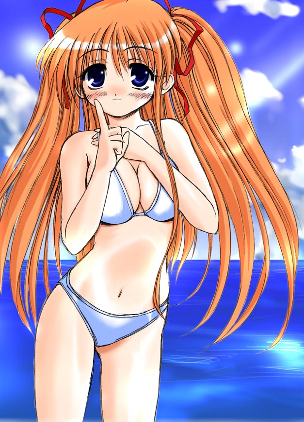 sugina fujitaka, sawatari makoto, kanon, 1girl, beach, bikini, blue eyes, day, female focus, long hair, orange hair, outdoors, solo, swimsuit, twintails