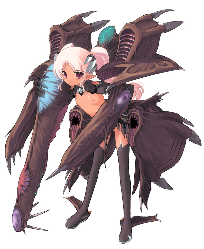 jiji (aardvark), philosoma, bad id, bad pixiv id, 1girl, dark-skinned female, dark skin, elf, female focus, flat chest, loli, long hair, monster girl, nude, pink hair, pointy ears, red eyes, solo, thighhighs, twintails