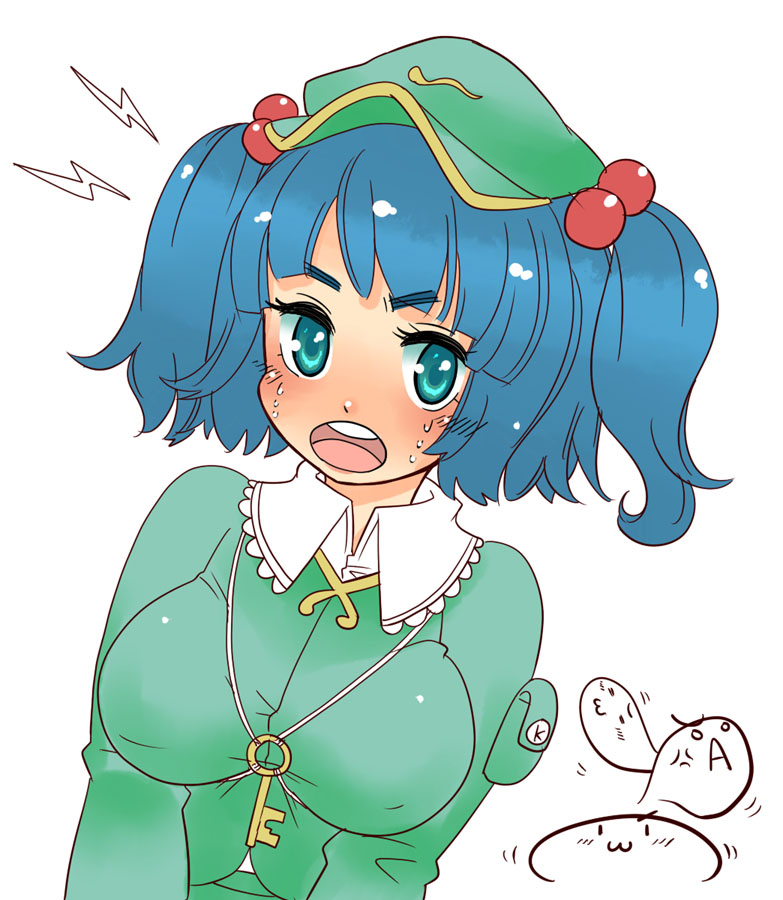 tsuutenkaaku, kawashiro nitori, touhou, 1girl, blue eyes, blue hair, blush, breasts, female focus, hair bobbles, hair ornament, hat, large breasts, matching hair/eyes, short hair, solo, sweat, two side up