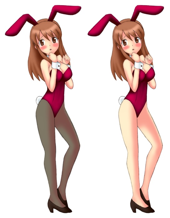 je, asahina mikuru, suzumiya haruhi no yuuutsu, 00s, animal ears, brown eyes, brown hair, comparison, detached collar, fake animal ears, high heels, long hair, multiple views, pantyhose, playboy bunny, rabbit ears, shoes, tears, wrist cuffs