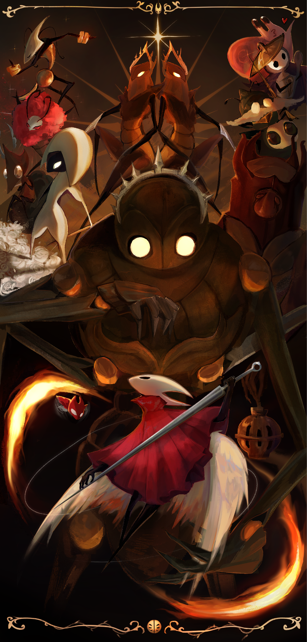 hornet (hollow knight), lace (hollow knight), shakra (hollow knight), sherma (hollow knight), trobbio (hollow knight), hollow knight, hollow knight: silksong, highres, 1other, 4boys, 4girls, arthropod boy, arthropod girl, black skin, chakram, cloak, cogfly (hollow knight), colored skin, facial hair, flower, fourth chorus (hollow knight), garmond (hollow knight), green helmet, grindle (hollow knight), heart, helmet, holding, holding weapon, hollow eyes, horned mask, last judge (hollow knight), long mustache, mask, merlizetdi, multiple boys, multiple girls, mustache, needle (hollow knight), nuu (hollow knight), o3o, pin (hollow knight), red cloak, red eyes, robot, snail shell, tool (hollow knight), weapon, white flower, white mask, white wings, wings, zaza (hollow knight)