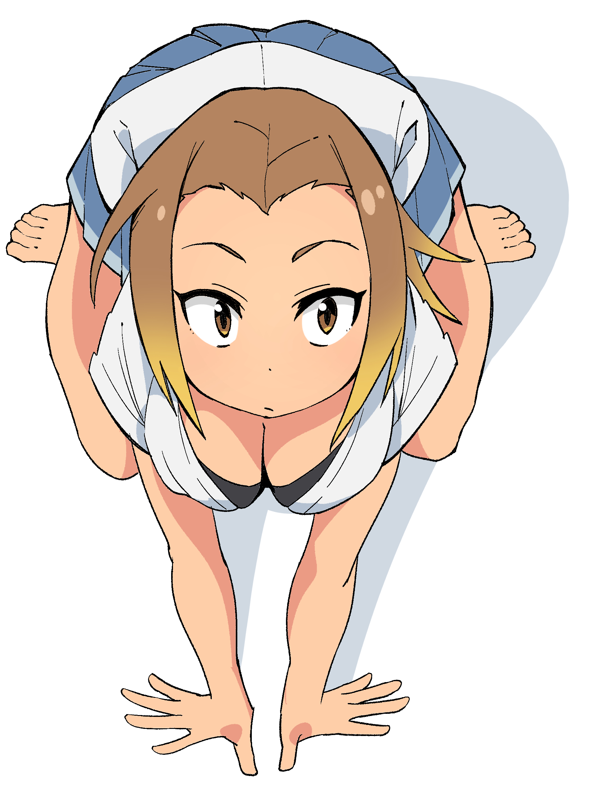 yoroshi, kasamaru aoi, ruri no houseki, absurdres, commentary, highres, 1girl, all fours, barefoot, black bra, blue skirt, bra, bra peek, breasts, brown eyes, brown hair, cleavage, closed mouth, dress shirt, from above, frown, invisible floor, looking up, medium breasts, miniskirt, pleated skirt, school uniform, shadow, shirt, short hair, short sleeves, simple background, skirt, solo, underwear, untucked shirt, white background, white shirt